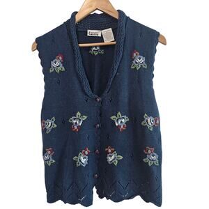 Vintage Flower Sweater Vest Women Small Blue Cottage Coquette Grandmacore Boho